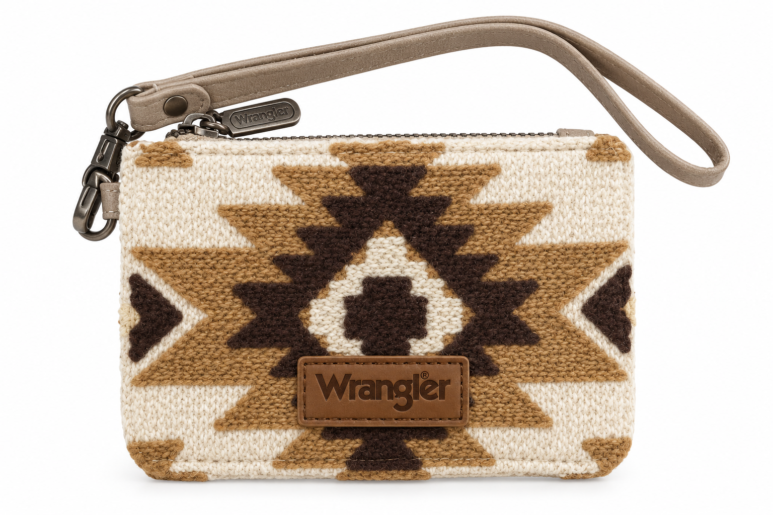 Trestles Clothing Company Aztec print canvas and PU leather wristlet wallet with Wrangler logo and zip closure